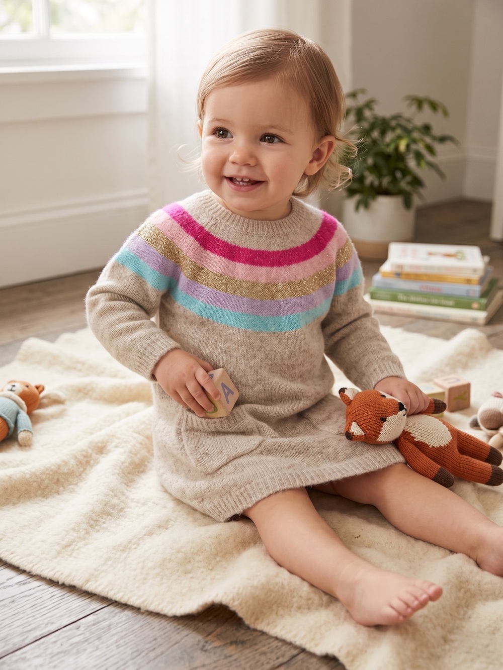 George Knit Rainbow Stripe Toddler Dress - Beige with Pink, Blue & Gold Stripes